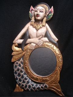 Balinese Mermaid Goddess Mirror Hand Carved Wood Traditional Bali Wall