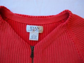 Womens Ryan Michael Ribbed Cotton Zip Front Cardigan Sweater L