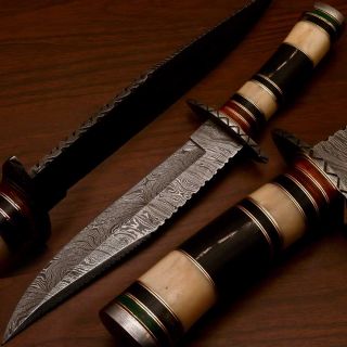 Made Sword Blade Damascus Hunting Knife Real Bull Horn Came Bonel F 36