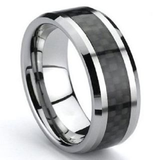 Tungsten Carbide Mens Black Carbon Fiber Stripe Wedding Band Ring Size