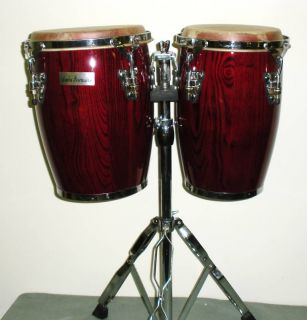 New 2 Piece Set of Transparent Wine Red Conga Drums and Stand