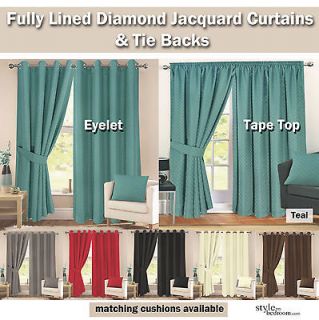 Lined Jacquard Diamond Detail Curtains + Ties in 11 Sizes & 6 Colours