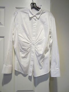 18 Ruched Pleated Long Sleeve White Button Down Blouse Top IT 50 US 14