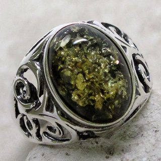 GORGEOUS GREEN BALTIC AMBER 925 STERLING SILVER RING SIZE 8