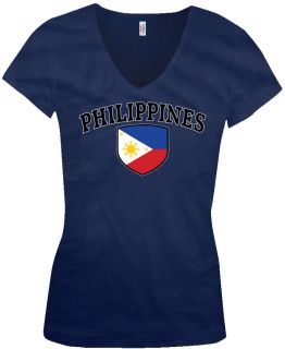 Philippines Country Flag Shield Ladies Junior Fit V Neck T Shirt