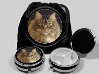 Maine Coon Cat Pocket Mirror & Pill Box & Black Pouch #4003