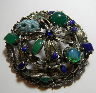 Silver Filigree Green Jade Onyx Molded Glass Rhinestones Brooch