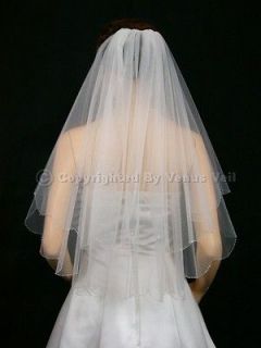 2T White Elbow Length Scalloped Silver Beaded Edge Bridal Wedding Veil