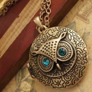 Bronze Blue Eye Owl Round Retro Pendant Necklace Sweater Chain Jewelry