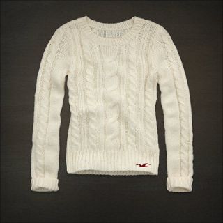 Hollister Women Cream Cable Knit Seagull Crew Sweater Top Fallbrook XS