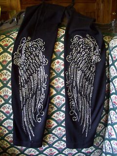 Regular Full Length Black Leggings Embellished Rhinestone Angel Wings