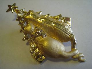 Signed AJC Large Gold Tone Christmas Tree Brooch, Pin With Cats