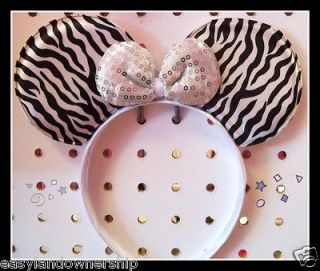 EARS Headband White Zebra Animal Print   Silver Sequin Bow* Mickey