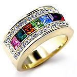 LADIES GOLD GP MULTI COLOUR RAINBOW WIDE CRYSTAL COCKTAIL DRESS RING