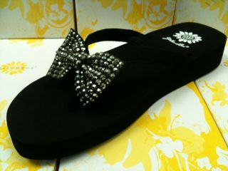 Box ROOSTER BLACK Leather Pewter Gray Stones Bow Bling Flip Flop Shoe