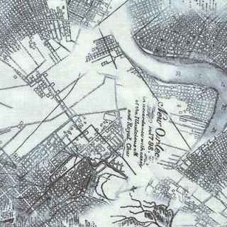NEW ORLEANS, MISSISSIPPI RIVER B/W MAP Cotton Fabric BTY for Quilting