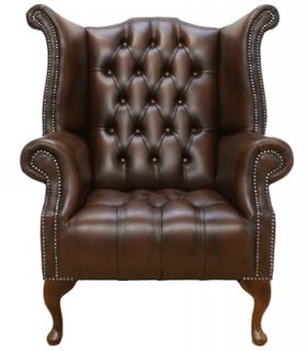 Buttoned Seat Fireside Queen Anne High Back Wing Chair Brown