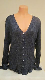 NEW ANNE KLEIN V NECK CARDIGAN NAVY/SILVER XLARGE CRYSTAL BUTTONS