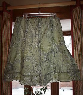 ANN TAYLOR Moss Green Floral Print Embroidered A Line Knee Length