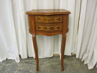 Antique French Provincial Side Table w Blond & Brown Inlay & 2 Drawers
