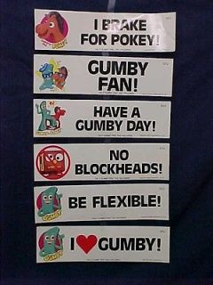 Vintage 1985 Gumby Bumper Stickers Set of 6 New old Stock