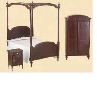 Dollhouse Miniature bedroom furniture set canopy bed/armoire/stand New
