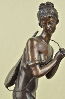 SIGNED AUGUSTE MOREAU SOLID BRONZE GIRL WITH BANJO SCULPTURE STATUE