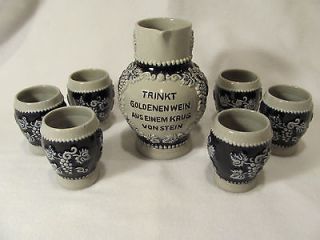 Vintage German Gray and Blue Pottery Wine 1/2 Caraffe with Six Cups