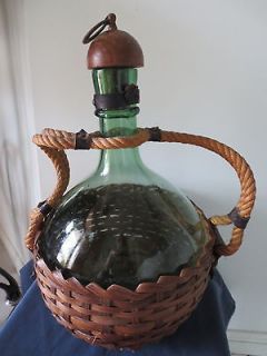 VINTAGE DEMIJOHN WINE BOTTLE DARK GREEN GLASS ITALIAN WOODEN CAP CANE