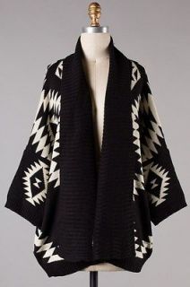 Aztec Motif Cardigan Sweater Jacket Coat 3/4 Sleeve Open Front Shrug