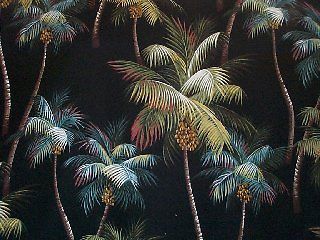 PAIR Tropical Hawaiian Barkcloth Fabric CAFE CURTAINS ~Palm Trees