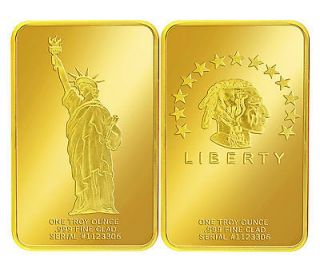 OUNCE .999 FINE GOLD CLAD AMERICAN INDIAN STATUE OF LIBERTY ART BAR