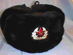 RUSSIAN AUTHENTIC BLACK USHANKA MILITARY HAT WITH SOVIET ARMY EMBLEM