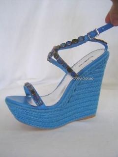 New BEBE Gem Blue Wedge Raffia Espadrilles 5 6 7 8 9 10 shoes