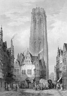 BELGIUM Mechelen Cathedral with Clock on Tower  Antique Print