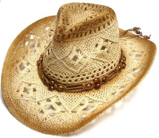 Removable Beaded Necklace Strap Cap Western Crochet Cowboy Straw Hat