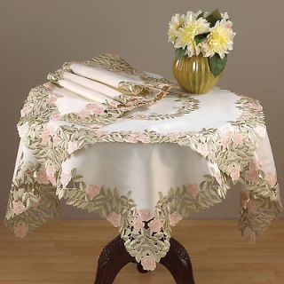 Pink & Green Monique Floral Cutwork Design Ivory Tablecloth 36 54 72
