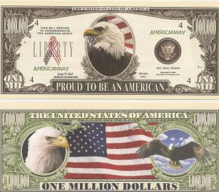 American $1 Million Dollar Bill! Commemorative Money! US Flag Eagle