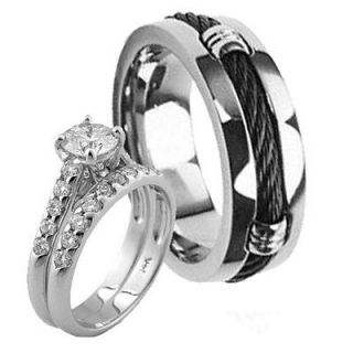 Black Cable Inlay Titanium & Sterling Silver 925 CZ Wedding Ring Set