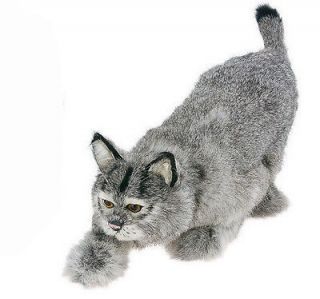 Gray Bob Cat Stalking Realistic Furry Animal Taxidermy Figurine