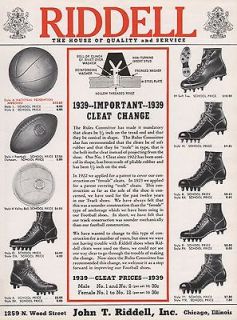 Vintage 1939 RIDDELL FOOTBALL CLEATS, SHOES Print Ad