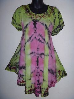 Green & Pink Tie Dye Embroidered Long Tunic Top Will fit 1X 2X 3X 4X