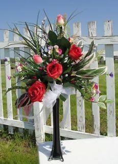 Tall Black Bud Vase Silk Flowers Roses Silk Greens Bridal & Baby