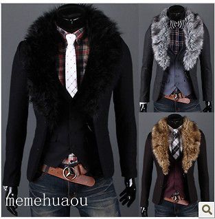 Classic man two buckle fur collar suit thickening suit ( fur collar