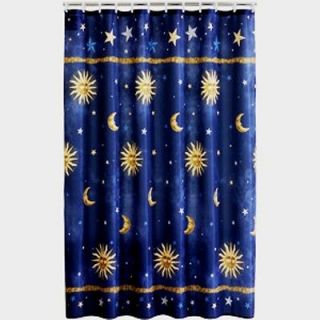SUN MOON & STAR FABRIC SHOWER CURTAIN ~ 70 x 71 ~ DARK BLUE & GOLD
