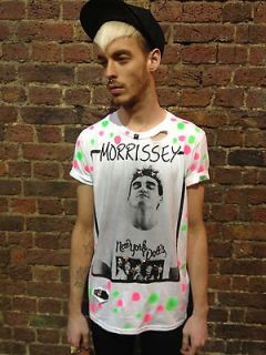 MORRISSEY T SHIRT SPRAYPAINT STUDS RIPS NEON GREEN PINK DAYGLO WHITE