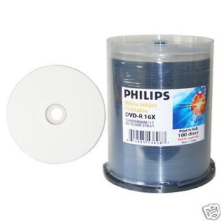 100 PHILIPS 16X DVD R WHITE INKJET HUB PRINTABLE BLANK