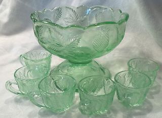 Antique Green DEPRESSION GLASS PUNCH BOWL & 6 CUPS teacups STRAWBERRY