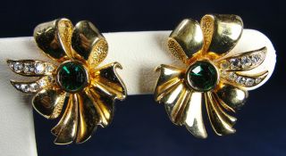 Swarovski SAL Signed Gold Green Clear Crystal Bow Earrings Pierced