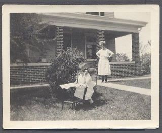 intage Photo Cute Girl w/ Candlestick Telephone Outside Wicker Chair